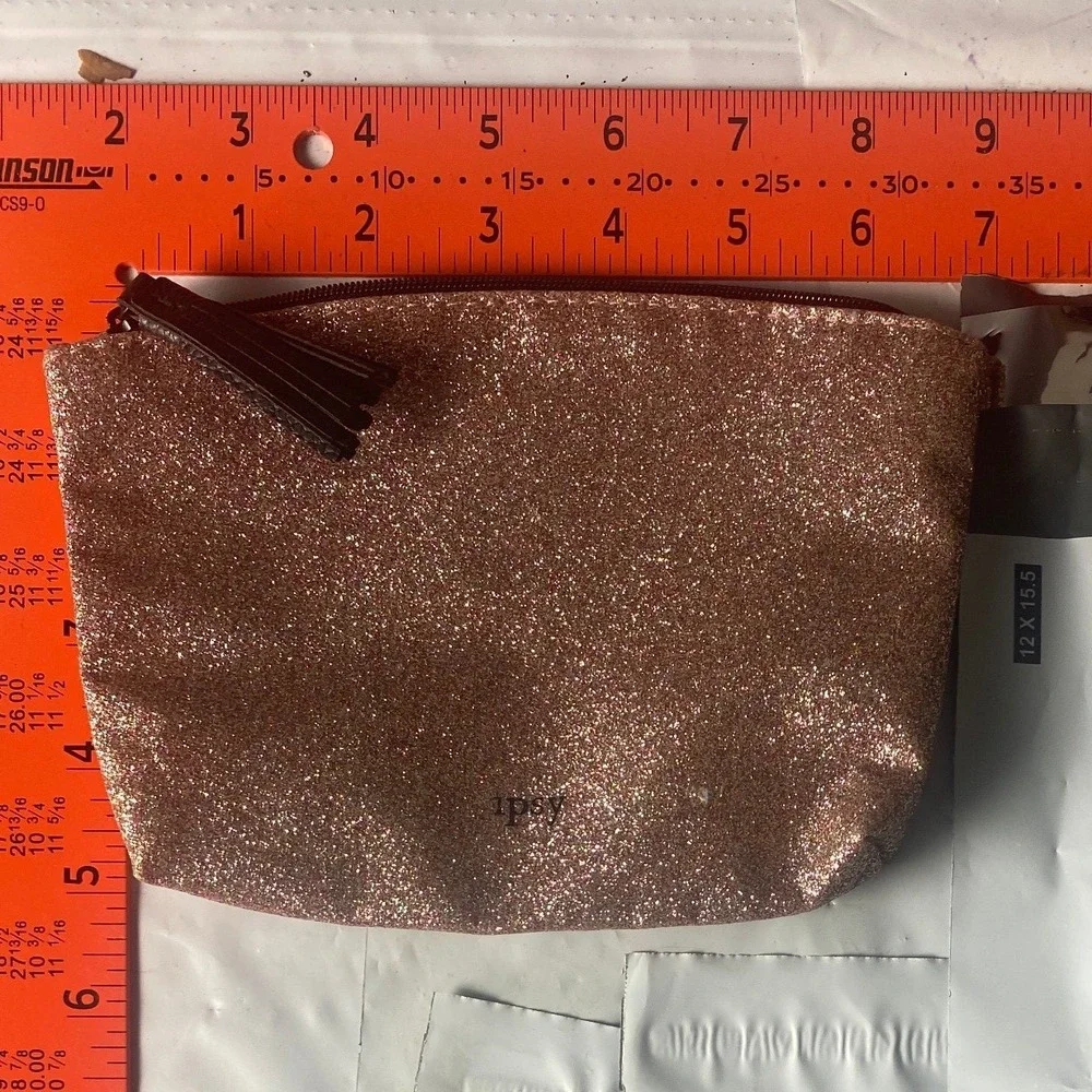 Ipsy Rose Gold Glitter Makeup Bag Zipper Pouch with Tassel Pull Glam Travel Case